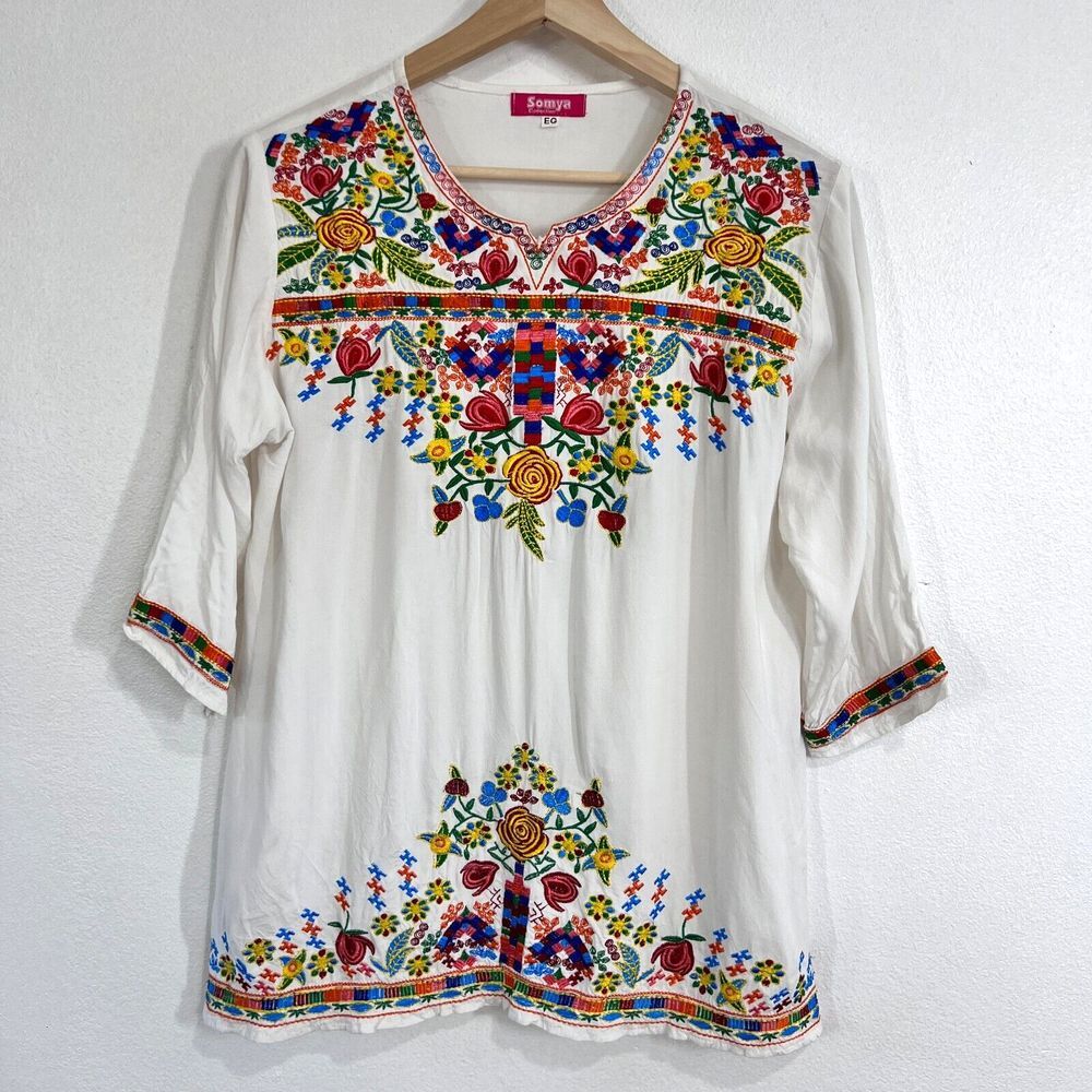 Somya Collection Peasant Top Woman Small White Floral Embroidered‎ 1/4 Sleeves